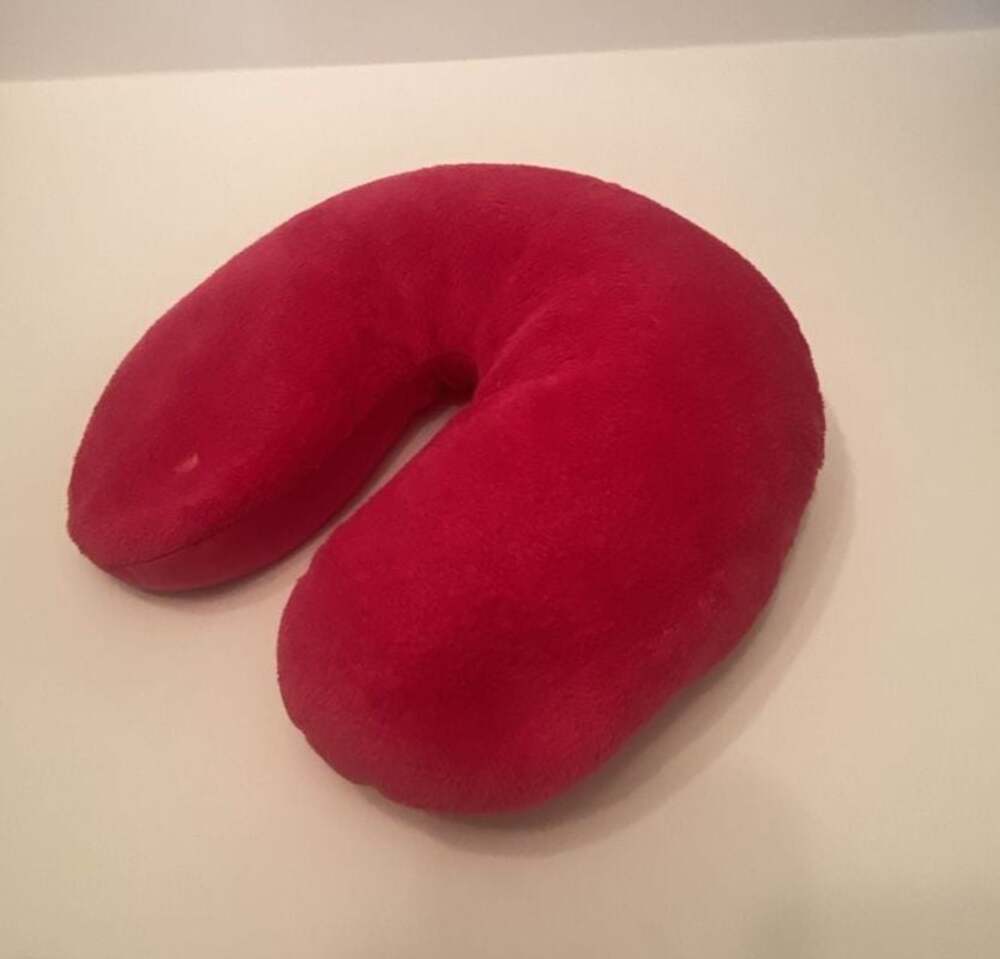 Pink/Red Plush U-Shaped Travel Neck Pillow and carry bag.